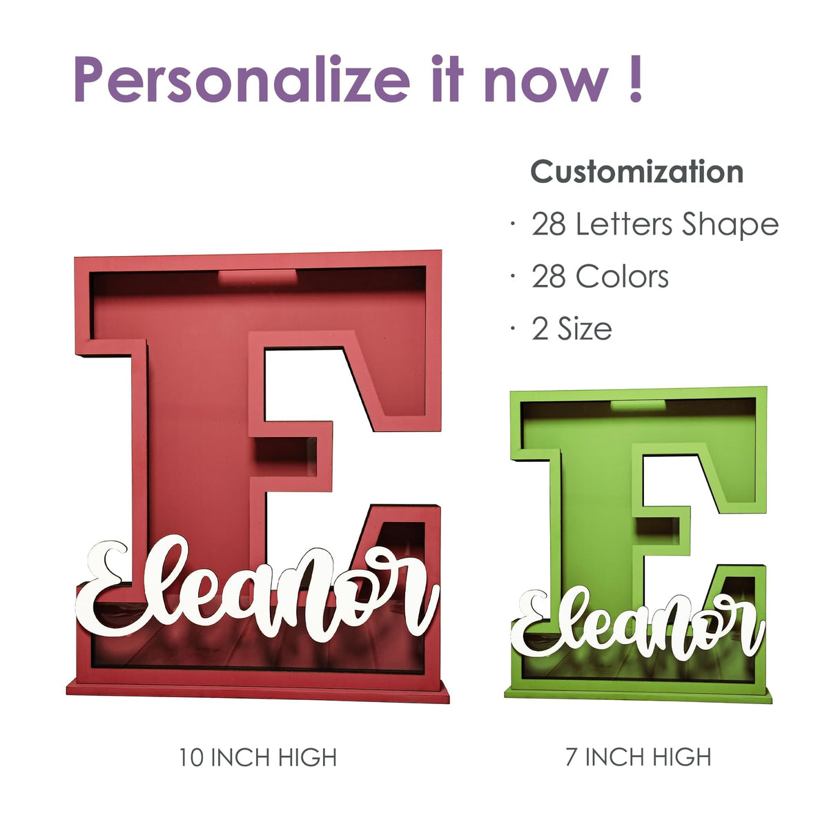 Personalized Name Letter Piggy Bank, 10 Inch Large Wooden Piggy Bank for Kids, 26 Letters Custom Wood Money Box Gift for Boys Girls Christmas Birthday