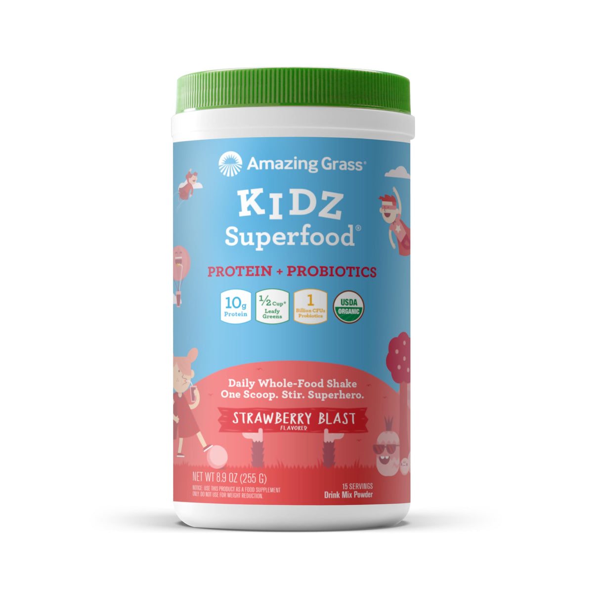 Amazing Grass Kidz Superfood: Vegan Protein & Probiotics for Kids with Beet Root Powder & 1/2 Cup of Leafy Greens, Strawberry Blast, 15 Servings