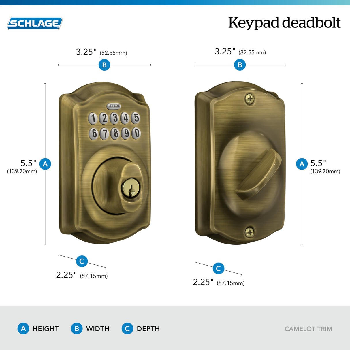 Schlage Camelot Electronic Keypad Deadbolt Lock, Keyless Front Door Entry, Mechanical Key Backup Included, Antique Brass, BE365 CAM 609