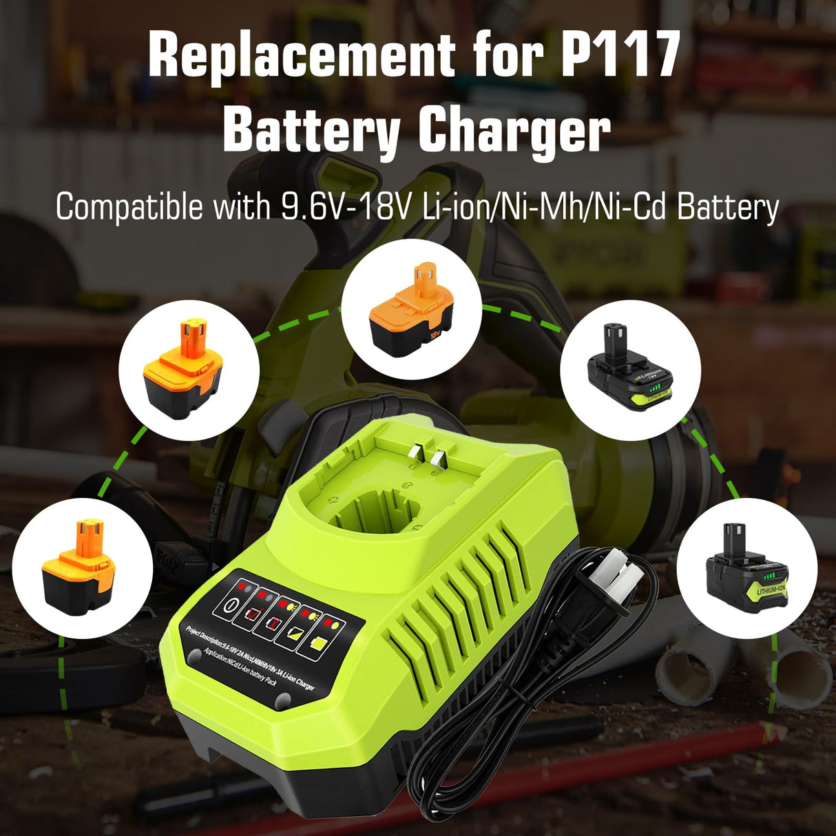 2 Pack 3.6Ah P102 P108 Lithium Replacement for Ryobi 18V Battery and P117 Charger Combo Compatible with Ryobi 18 Volt Battery P102 P103 P104 P105 P107 P108 P109 P189 Cordless Power Tools (Multi)