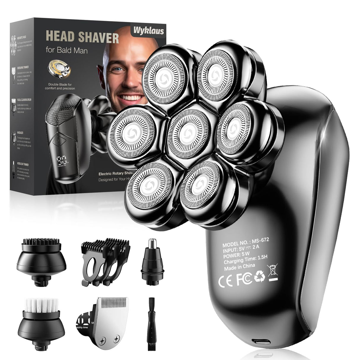 7D Head Shaver for Bald Men,IPX7 Waterproof Electric Rotary Shaver with Detachable Heads, Wet/Dry Shaving, LED Display, USB Rechargeable - Grooming Kit for Men & Women