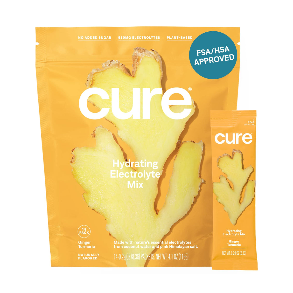 Cure Hydration | Plant-Based Electrolyte Drink Mix | No Added Sugar | FSA & HSA | Dehydration Relief Powder Made with Coconut Water | Non-GMO | Vegan | Pouch of 14 Packets - Ginger Turmeric