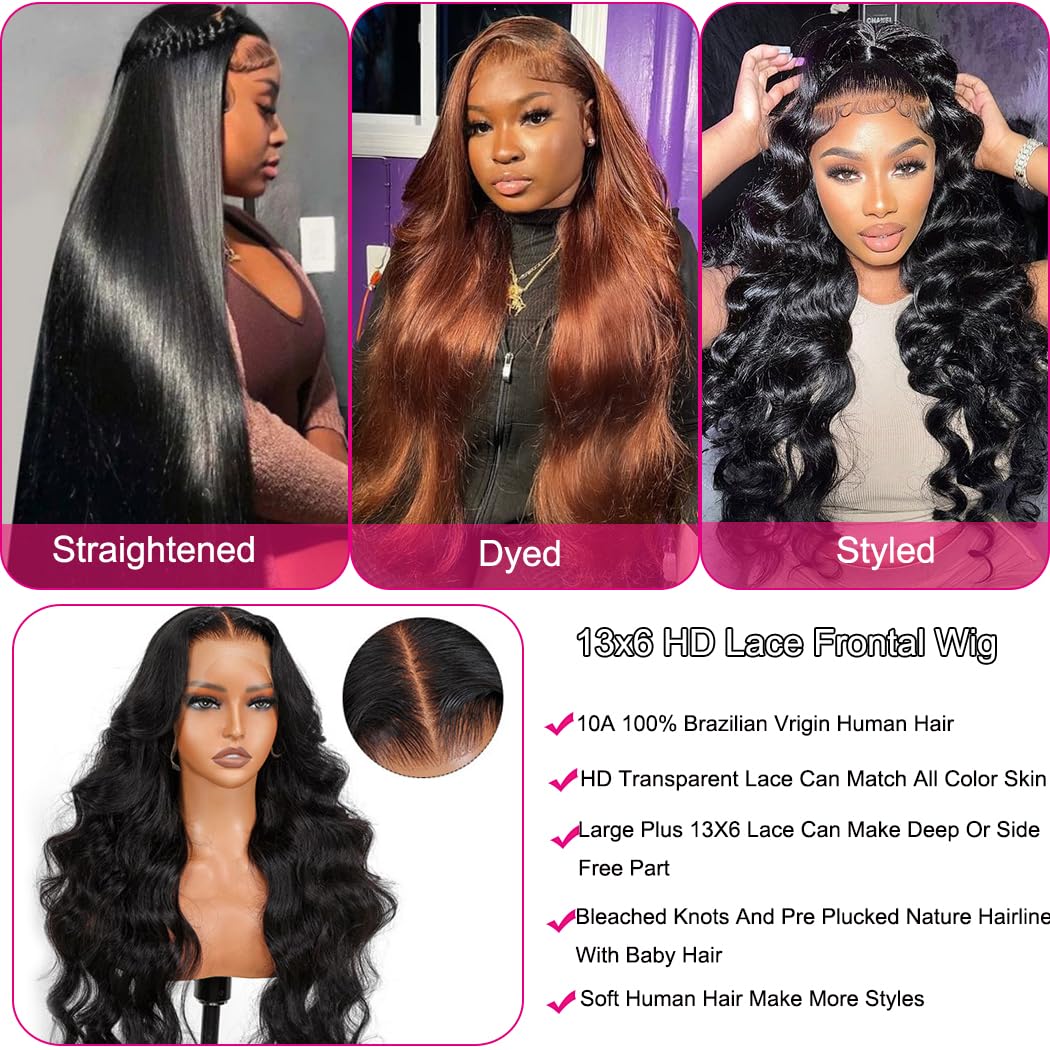 30 Inch 13x6 Lace Front Wigs Human Hair 200 Density Body Wave HD Lace Front Wigs Human Hair Pre Plucked with Baby Hair Natural Color Glueless Frontal Wig for Women 100% Brazilian Virgin Human Hair