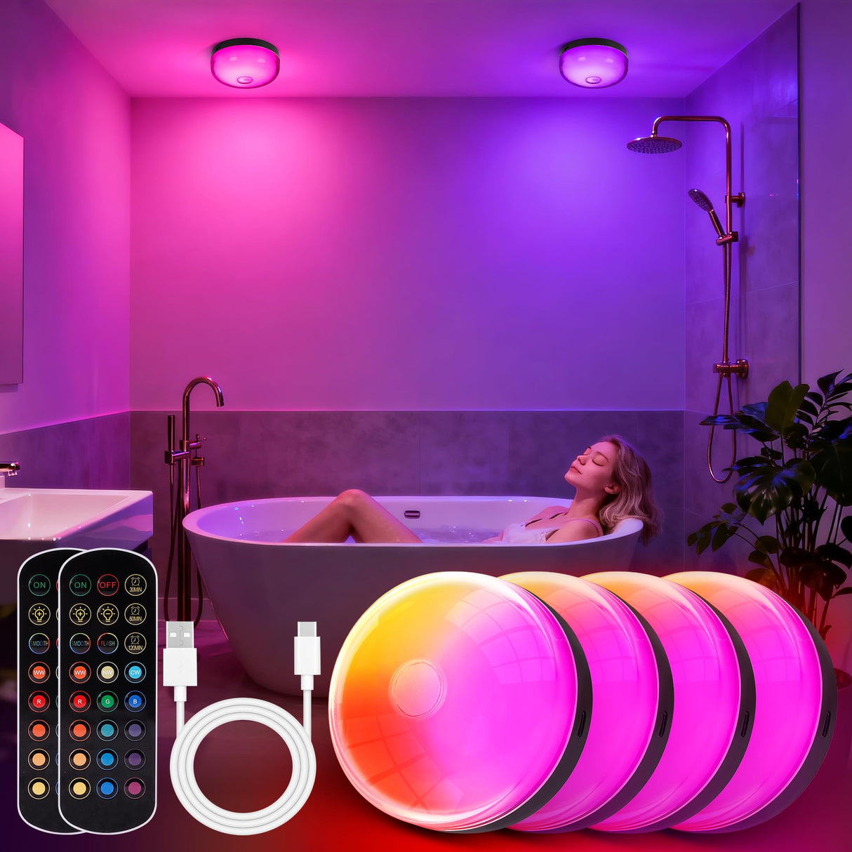 4-Pack Rechargeable Shower Lights for Inside Shower, 15 RGBW Color Changeable Waterproof Lights for Shower with Remote(Dimmable&Timer), Wireless LED Mood Lighting for Bathroom, Closet, Bedroom, Party