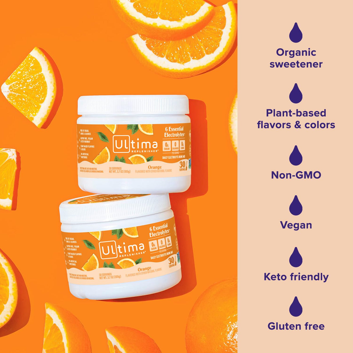 Ultima Replenisher Daily Electrolyte Powder Drink Mix – Sugar Free – Orange, 30 Servings – Hydration Powder with 6 Key Electrolytes and Trace Minerals – Keto Friendly, Vegan, Non-GMO