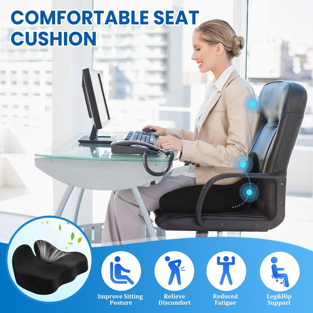 CushZone Seat Cushion, Memory Foam Office Chair Seat Cushion for Office Chairs/Car/Long Trip/Desk Chair/Gaming, Extra Large Size for Sciatica & Hip & Tailbone Pain Relief, Sciatica Support (Black)