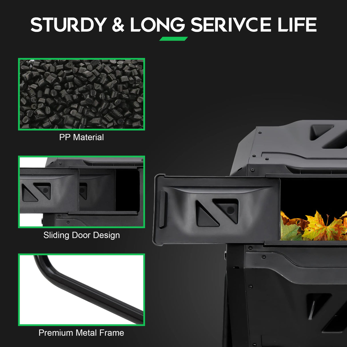 F2C Compost Bin Outdoor 43 Gallon Garden Dual Chamber Composter Bin - Bundled with Pearson's Gardening Gloves, BPA Free, Heavy-Duty Steel Frame, Rotating Tumbler with Sliding Doors -Black