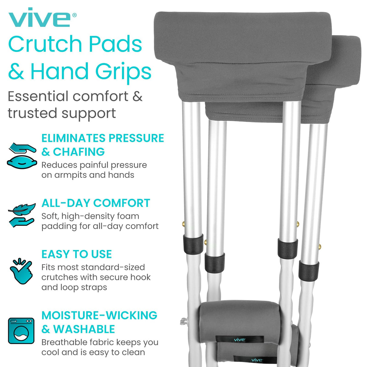 Vive Crutch Pads & Hand Grips - Padding for Walking Arm Crutches - Universal Underarm Padded Forearm Handle Pillow Covers for Hand Grips - Soft Foam Armpit Accessories for Adults, Kids (Gray)