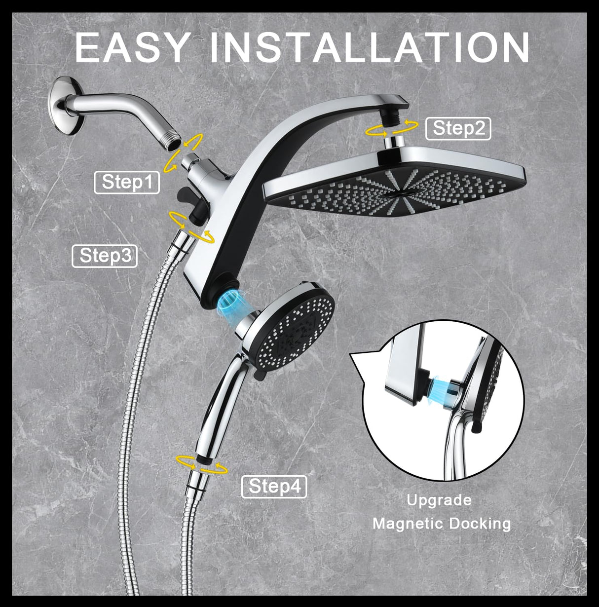 BOZYBO Rain Shower Head with Handheld: High Pressure Shower Heads with Handheld Spray Combo, 12" Rainfall Shower Head and 9 Sprays Hand Showerheads with Magnetic Docking and Power Jets, Chrome