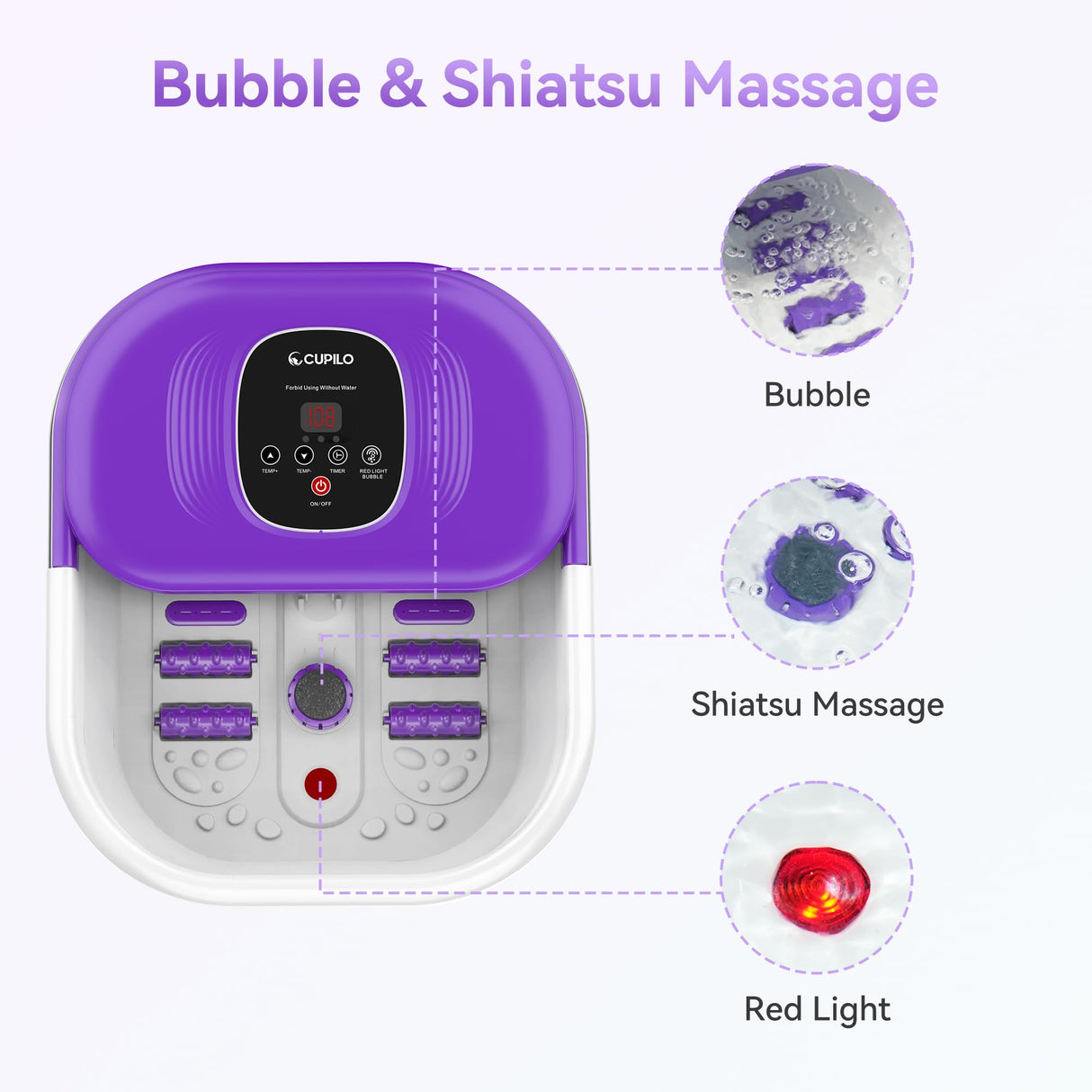 CuPiLo Foot Spa Bath Massager with Heat, Collapsible Foot Massager Spa Soaking Tub with Bubbles, Red Light, Pumice Stone, Shiatsu Massage Rollers, Pedicure Foot Spa for Relaxation, Gifts(Purple)