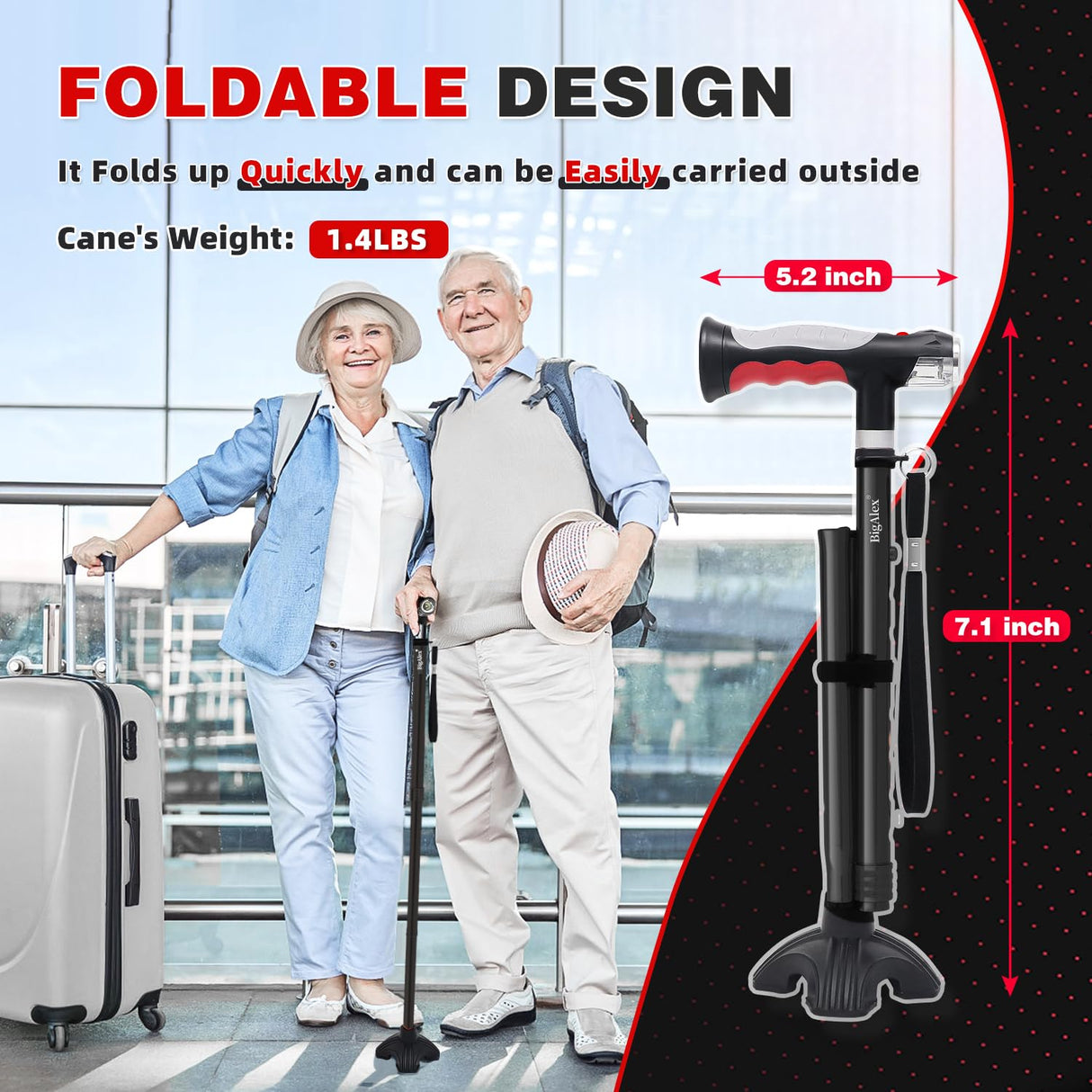 BigAlex Folding Walking Cane with Two Led Lights for Elderly Solid Base Adjustable Walking Stick with Carrying Bag for Men Women