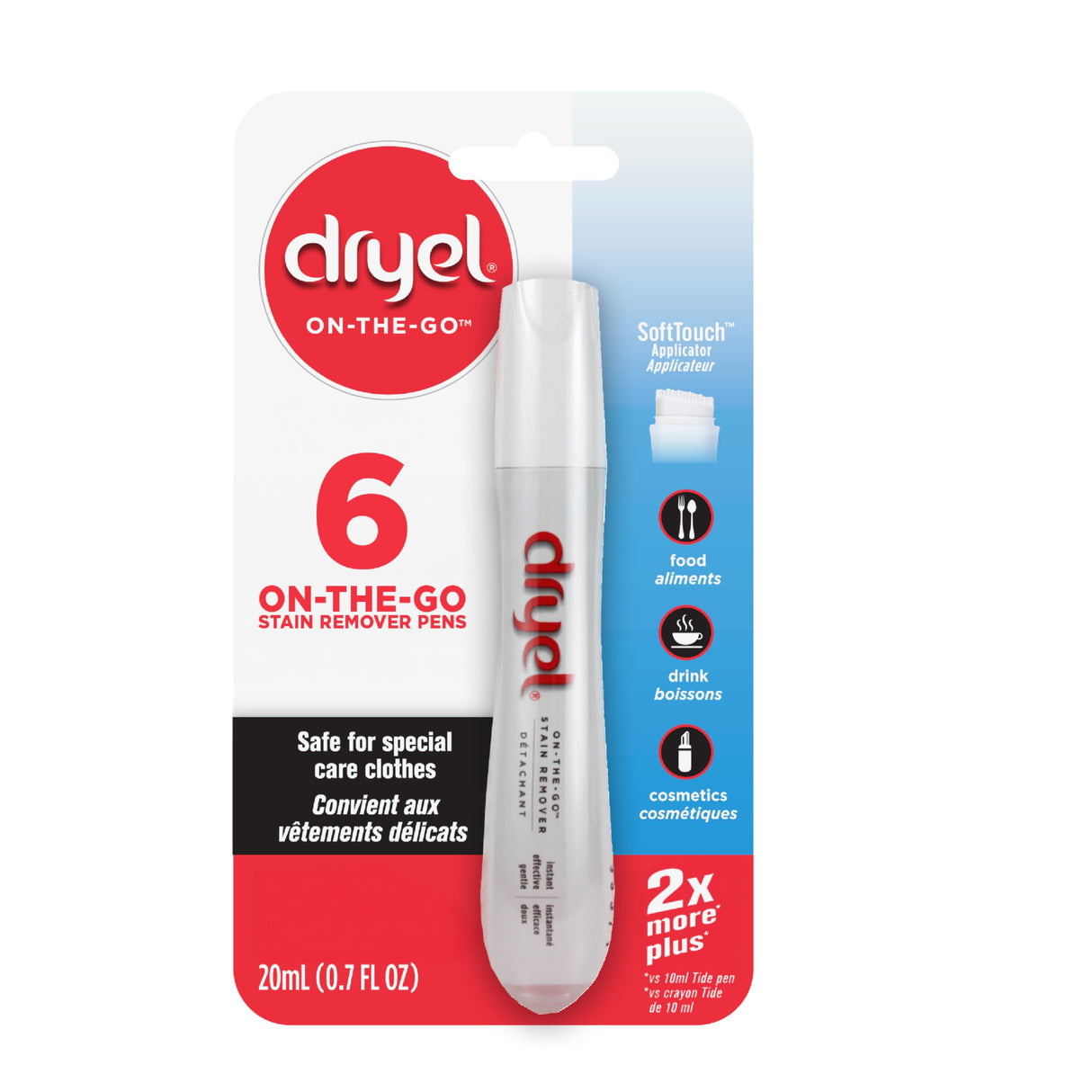 Dryel On-The-Go Stain Remover Pen with Soft Touch Applicator Scrubber, Instantly Removes Tough Stains from Clothing, 6-Pack