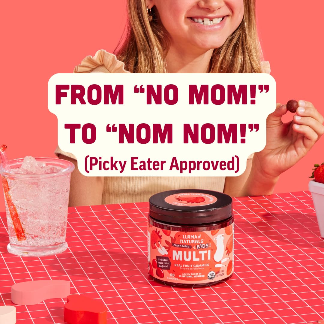 Llama Naturals Kids Multivitamin Gummies, Vegan, Organic with Vitamin D, C & K, Toddler Real Fruit Gummy Vitamins, Chewable Supplement, Whole Food Multivitamin, No Added Sugar Cane, Strawberry, 2 Pk