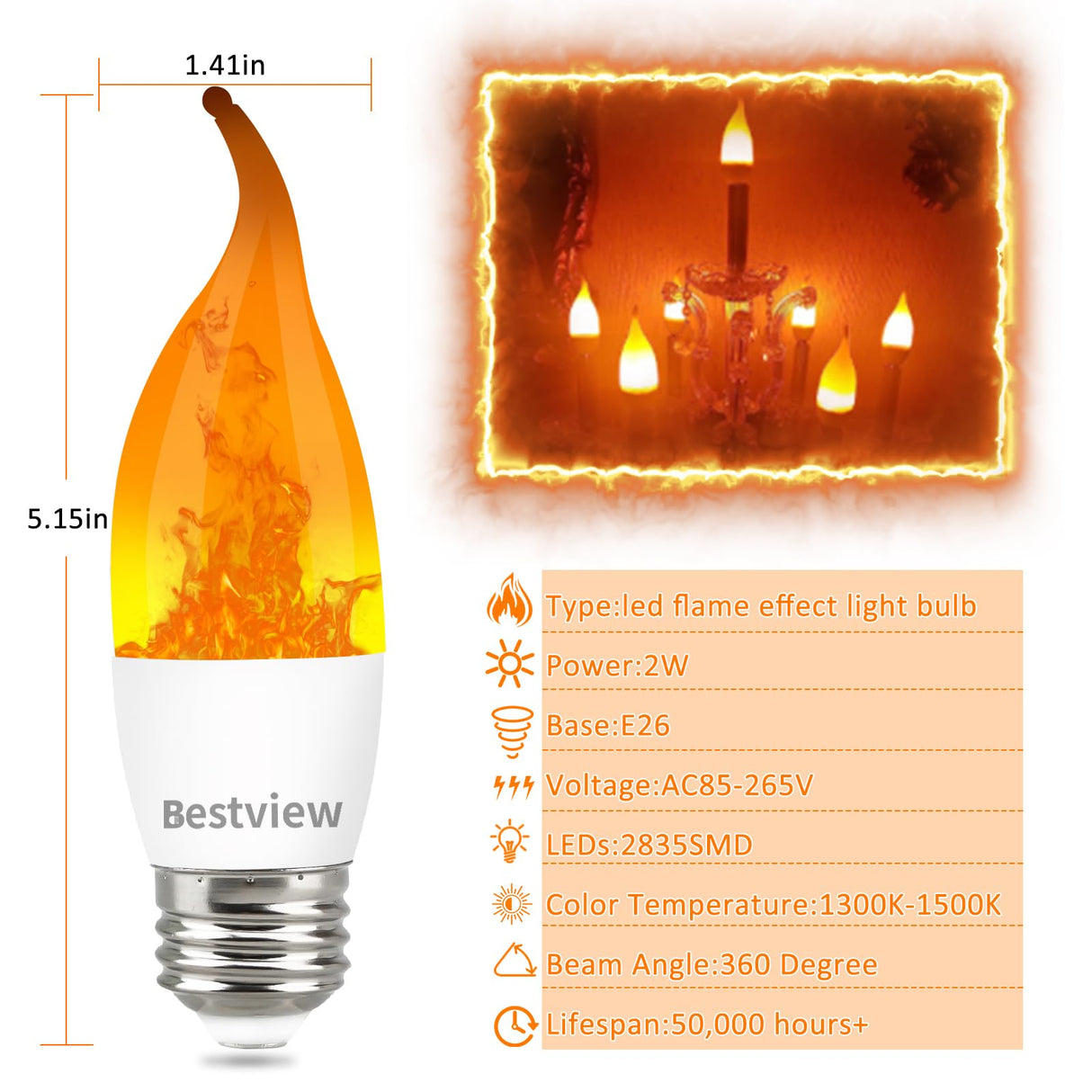 Bestview LED Flame Effect Light Bulbs,3 Modes Smart E26 Chandelier Base Flickering Candle Fire Light Bulb for Halloween, Christmas, Party, Porch, Indoor&Outdoor Home Decoration (6 Pack)