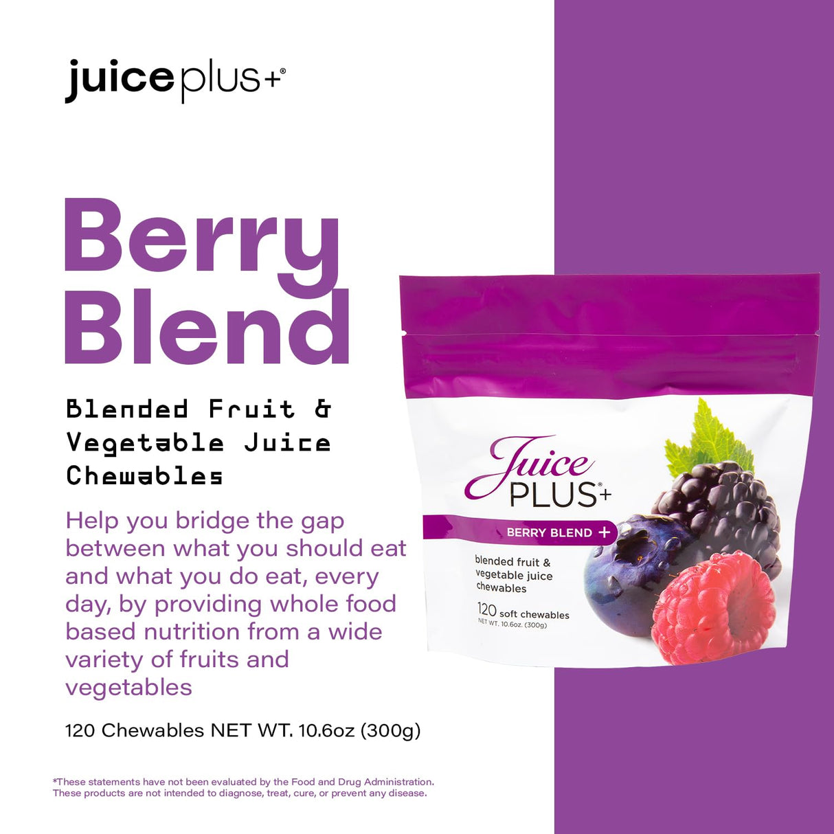 Juice Plus+ Berry Blend Soft Chews - Tasty, Vegan Gummies for All Ages - Nutrients from 12 Superfood Ingredients Including Elderberry, Raspberry, Bilberry, Blueberry & More - 120 Chewables