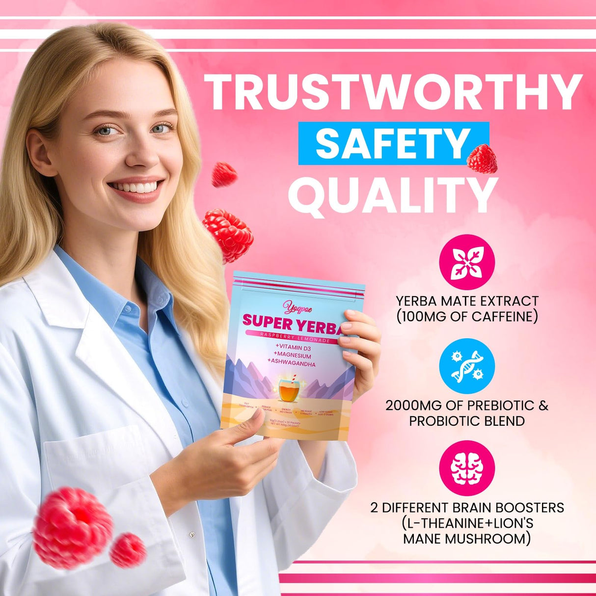 30 Servings Super Yerba Packets,Yerba Mate Instant Tea Powder,Super Yerba Raspberry Lemonade Flavor,Energy Boost,Mental Clarity and Gut Health by Ashwagandha, Prebiotics and Probiotics (1)