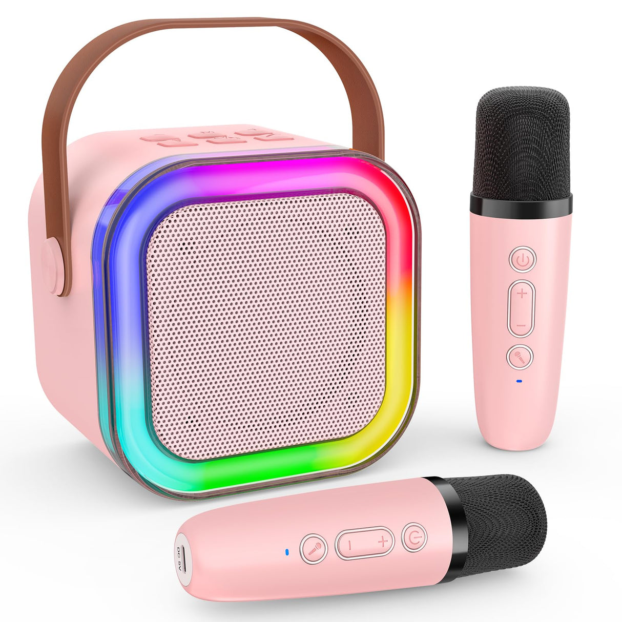 Mini Karaoke Machine for Kids, Haomuren Protable Bluetooth Speaker with 2 Wireless Microphone and LED Color Lights, Christmas Birthday Gifts Toys for Girls Boys Friends Age 3-12+ Years Old (Pink)