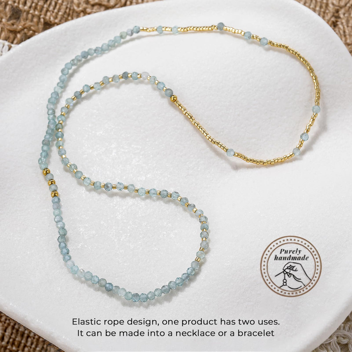 POMODA Beaded Bracelets for Women Small Blue Glass Beaded Stretchy Seed Bracelets Stackable Natural Gemstone Crystal 14K Gold Plated Beads Summer Boho Jewelry Gift