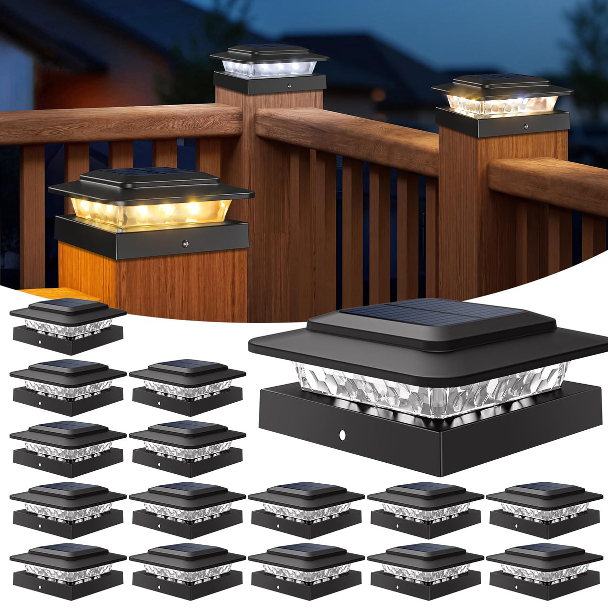 kolpop 4x4 Solar Post Cap Lights Outdoor 16Pack- 3 Color Temperatures& 2 Level Brightness, IP65 Waterproof, 16 LED Black Fence Deck Post Light Solar Powered for 4×4/3.5×3.5 Wood/Vinyl Posts