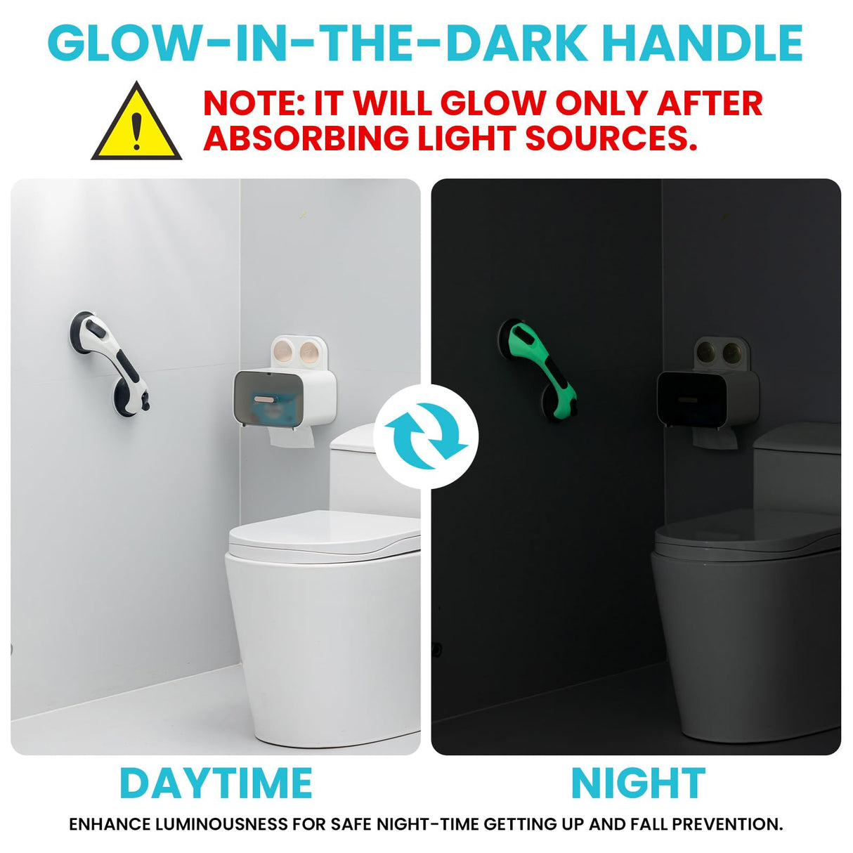 TAILI Shower Grab Bar Glow in The Dark, 2 Pack 12.2 in Grab Bars for Bathtubs and Showers,Shower Handles Shower Rails for Seniors and Elderly,Bathroom Safety Grip Removable No Drilling Waterproof Grey