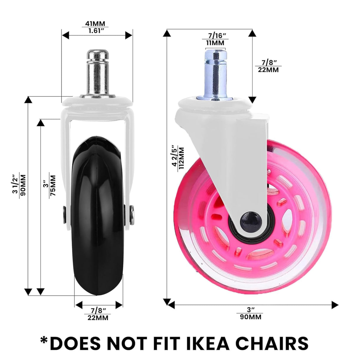 Office Chair Wheels - Set of 5 Rollerblade-Style Casters, Smooth & Quiet Rolling, Protects Hardwood Floors & Carpets, Universal Fit, Durable and Long-Lasting - Pink