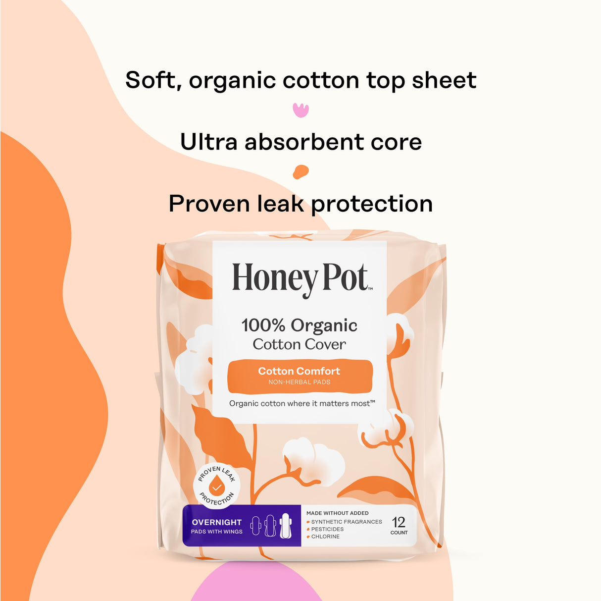 The Honey Pot Company - 48ct - Sanitary Pads for Women - Non-Herbal Overnight w/Wings - Organic Cotton Cover & Ultra-Absorbent Pulp Core - Feminine Care - FSA & HSA Eligible