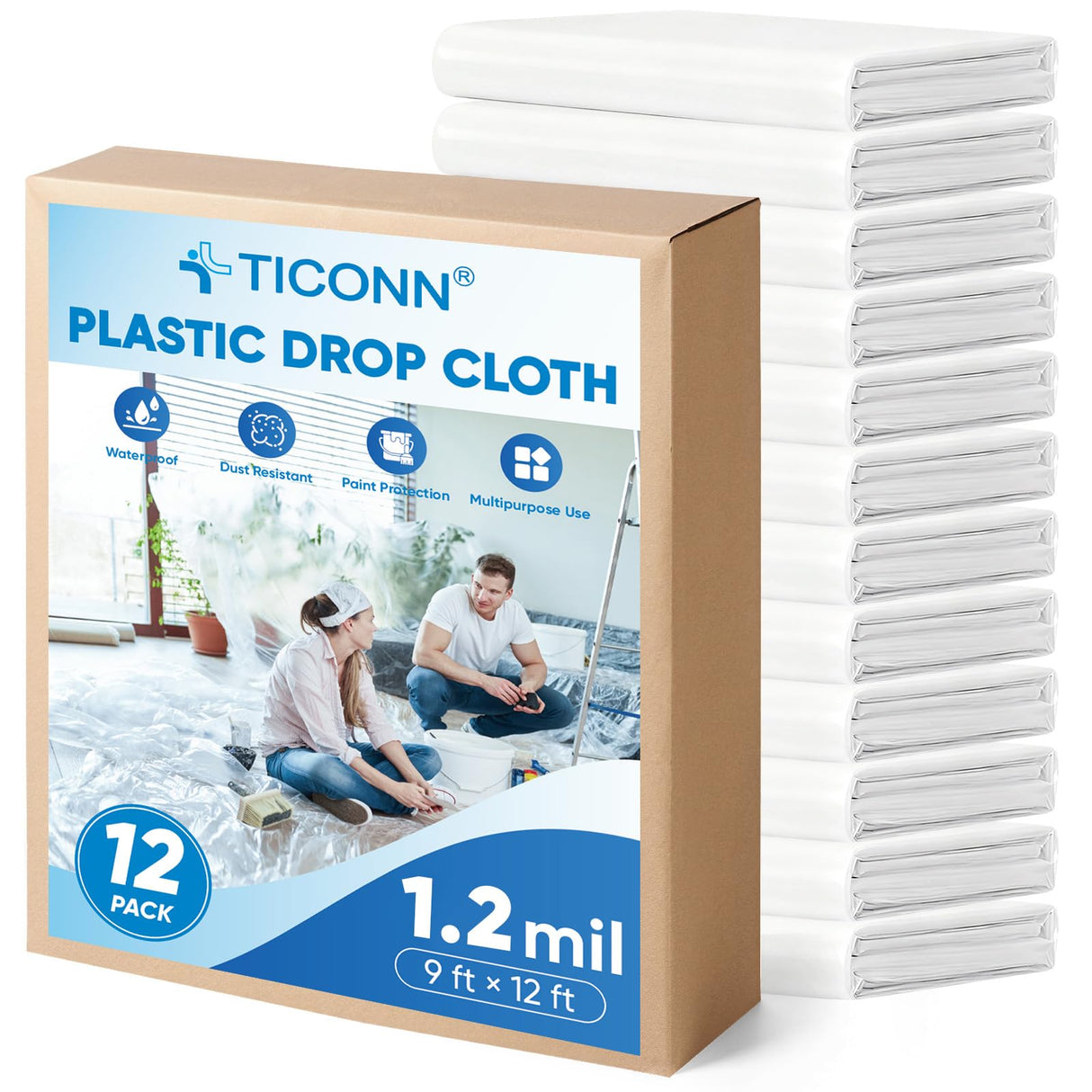 TICONN 12 x 9 Ft Plastic Drop Cloth for Painting, Waterproof Painters Plastic Sheeting, Painting Tarp for Furniture Cover, Floor Protection (12PK, 1.2Mil)