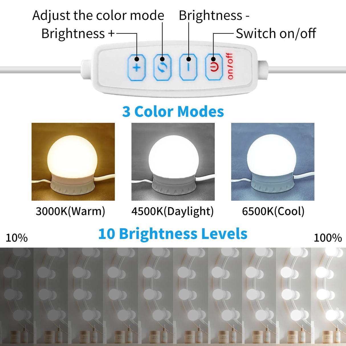 LED Vanity Mirror Lights with 14 Dimmable Bulbs, 3000K 4500K 6500K & 10 Brightness Levels Adjustable, Plug in USB Cable, Hollywood Style Stick On Mirror Lights for Makeup Desk Bathroom Dressing Room