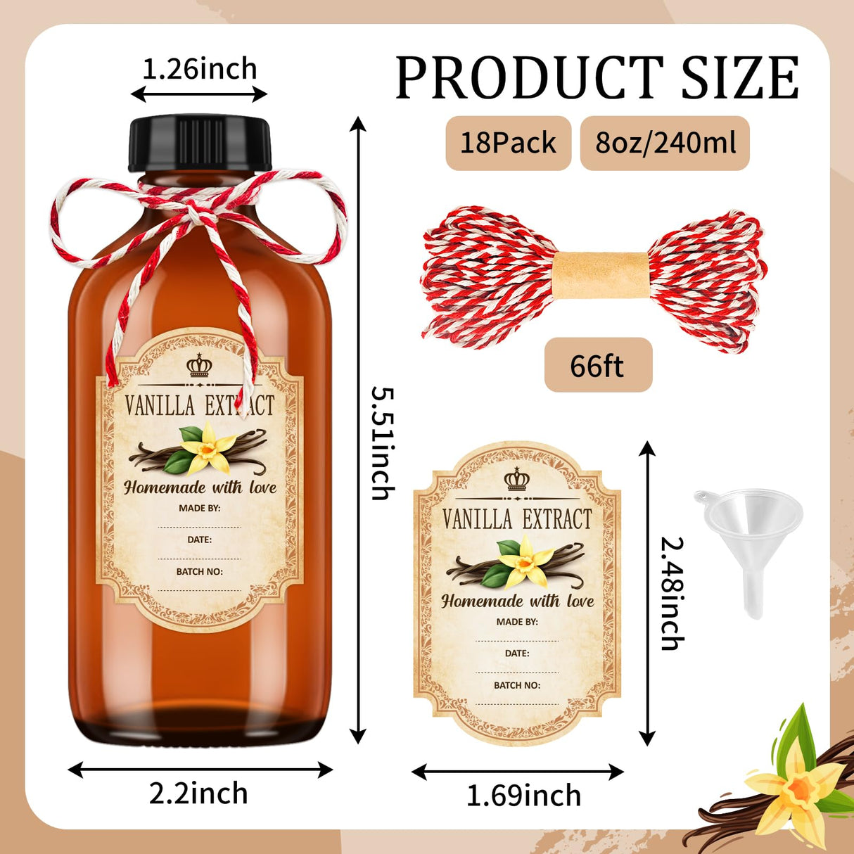 KEYWING 18 Pack 8oz Amber Glass Boston Round Bottles with Airtight Poly Cone Caps, Perfect Bottles for Homemade Vanilla Extract, Syrups, Essential Oils, Holiday & Christmas Gift