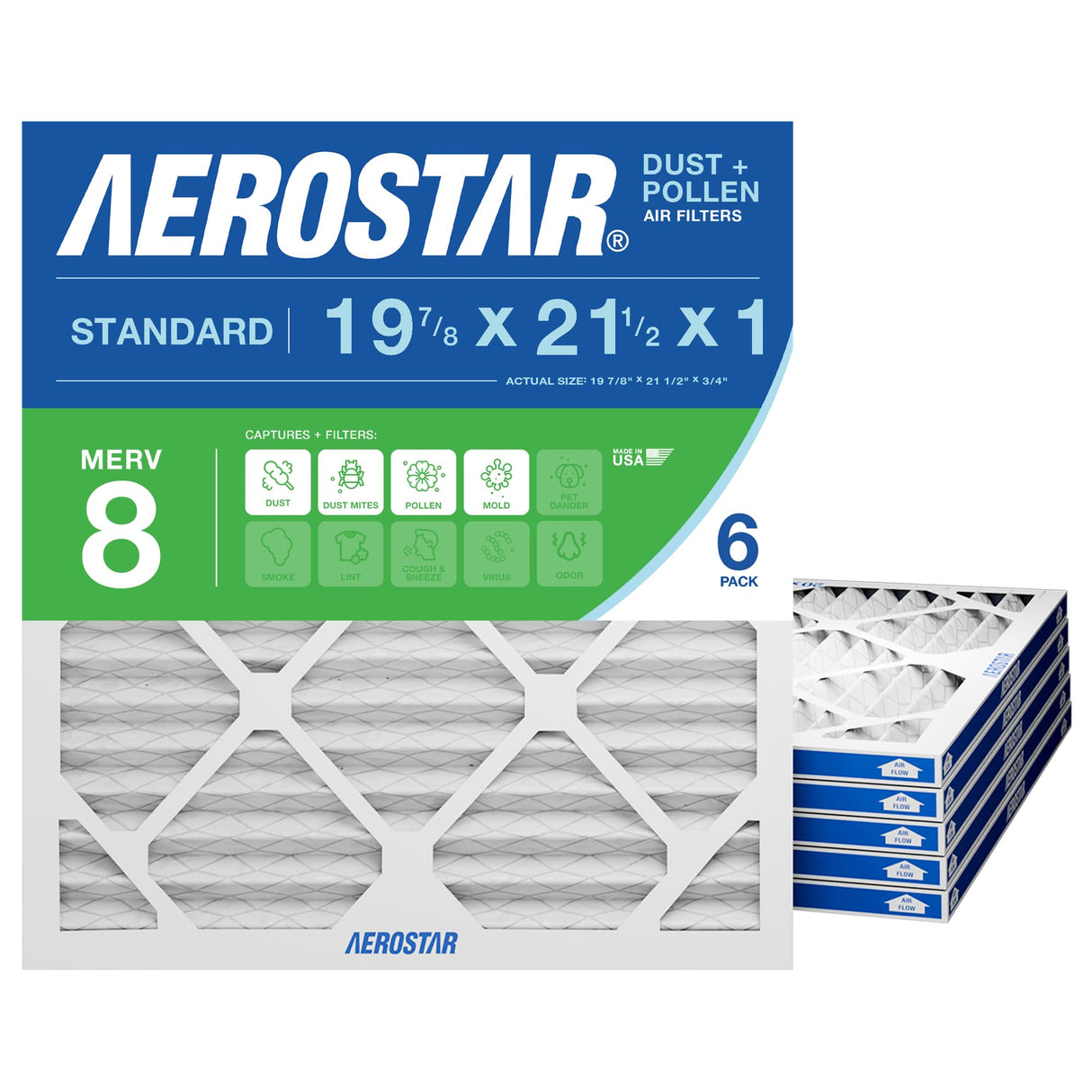 Aerostar 19.875x21.5x1 MERV 8 Air Filter, 6 Count, ACTUAL SIZE (19.875 x 21.50 x 0.75), HVAC, Air Conditioning & Furnace Filter Captures Dust, Lint & Pollen (MPR 600 / FPR 5), Made in USA