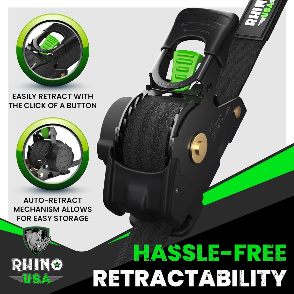 Rhino USA Retractable Ratchet Straps (4-Pack) - 1 Inch x 10 Feet (1,209lb Break Strength) - Auto Self Retracting Tie Down Straps for Truck, Cargo Trailer, Motorcycle, ATV, UTV - Black
