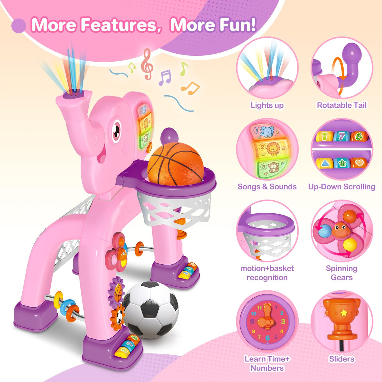 Shemira Toddler Basketball Hoop & Soccer Goal Activity Center Toys with Light & Music,Elephant Toddlers Musical Toys Gift, Baby & Toddlers Christmas Birthday Gift for 1 2 3 Year Old Boys & Girls