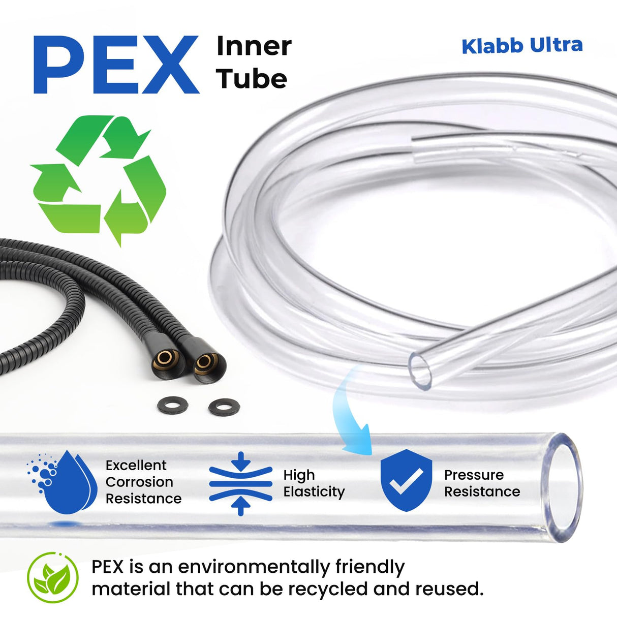 Klabb 80 Inch Extra Long Shower Hose, Matte Black Stainless Steel Shower Hose for Handheld Shower, Flexible Anti-Kink Design with 360° Reinforced PEX Inner Tube, 3.6 GPM, G1/2