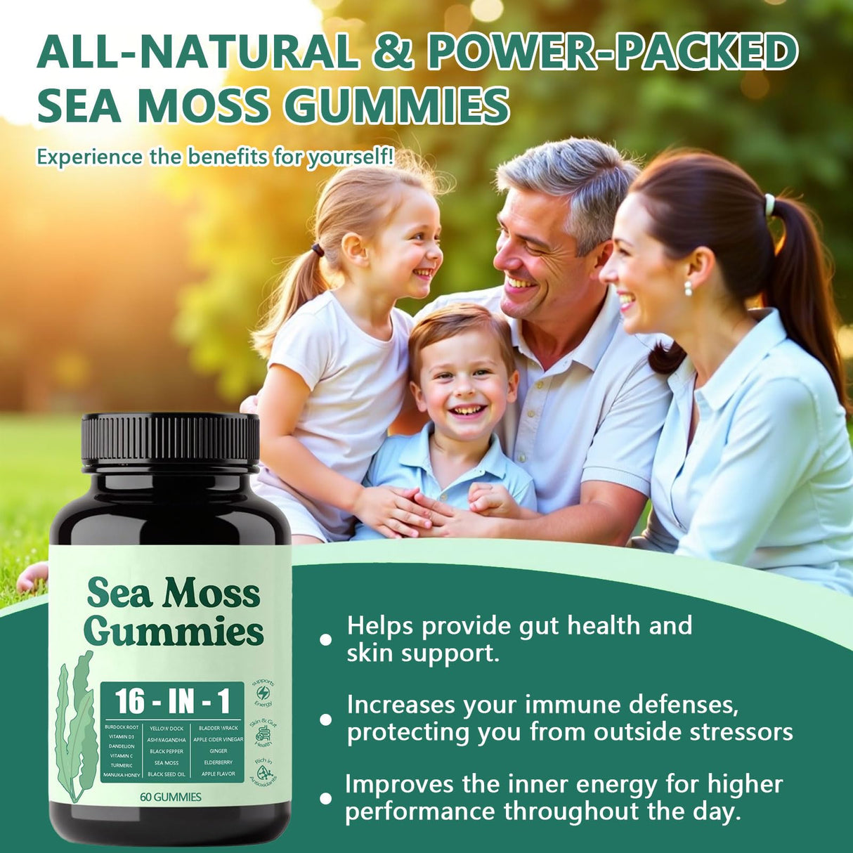 Hemdnt Sea Moss Gummies 16-in-1, with Bladderwrack & Burdock Root, Organic Immune Support, Energy, Digestion – Vegan, Non-GMO, Gluten-Free (60 Gummies)