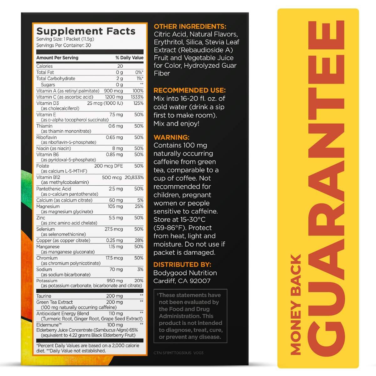 Pureboost Immune Clean Energy Booster, Refreshing Energy Drink Mix and Immunity Supplement with Elderberry, 1,200 mg Vitamin C, Vitamins A + D, and Zinc. (Tangerine Twist, 30 Count)