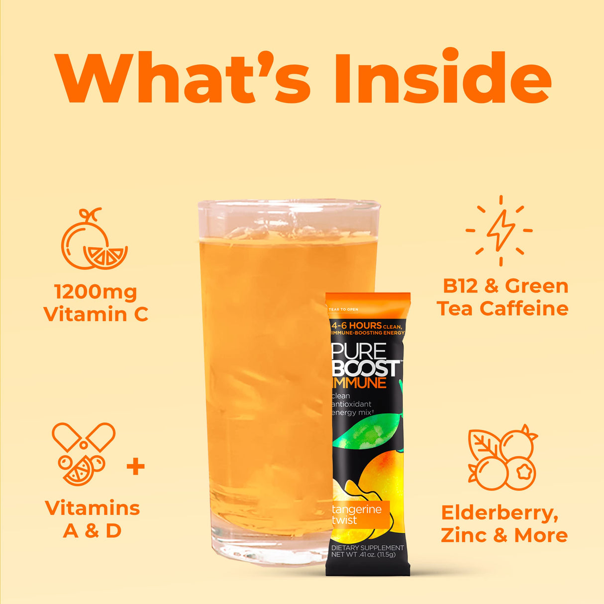 Pureboost Immune Clean Energy Booster, Refreshing Energy Drink Mix and Immunity Supplement with Elderberry, 1,200 mg Vitamin C, Vitamins A + D, and Zinc. (Tangerine Twist, 30 Count)