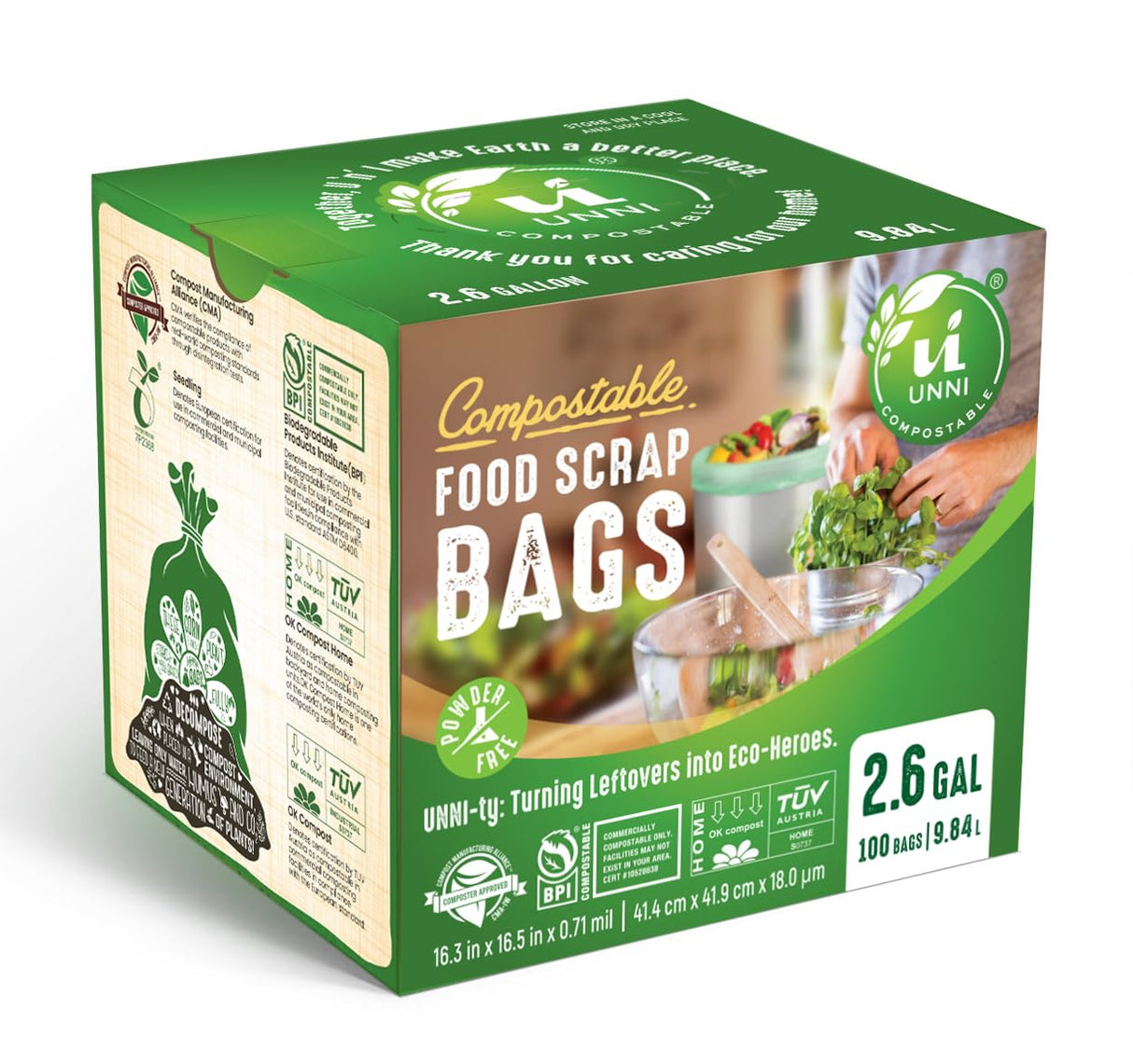 UNNI Compostable Liner Bags, 2.6 Gallon, 9.84 Liter, Extra Thick 0.71 Mil, 600 Count, Small Kitchen Food Scrap Waste Bags, ASTM D6400, US BPI, CMA and Europe OK compost HOME Certified, San Francisco