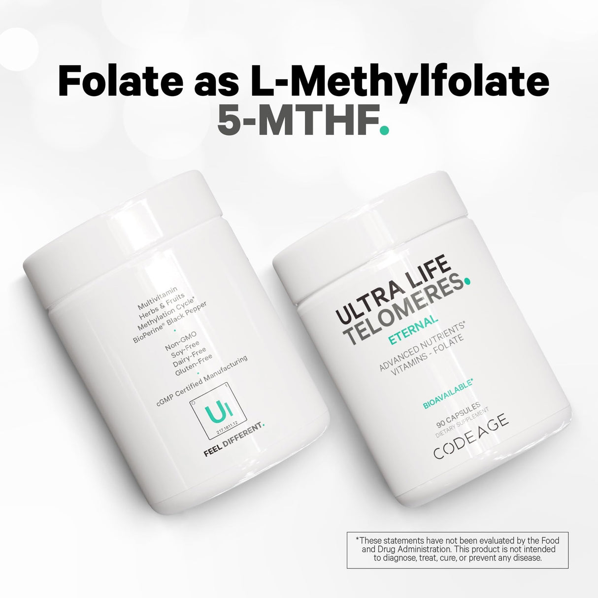 Codeage Ultra Life Telomeres Supplement - 5 MTHF Folate Vitamin B9, Vitamin B12 Methylcobalamin, Vitamin D3, L-Theanine, Ashwagandha - 3-Month Supply - DNA, Methylation Cycle - Non-GMO - 90 Capsules