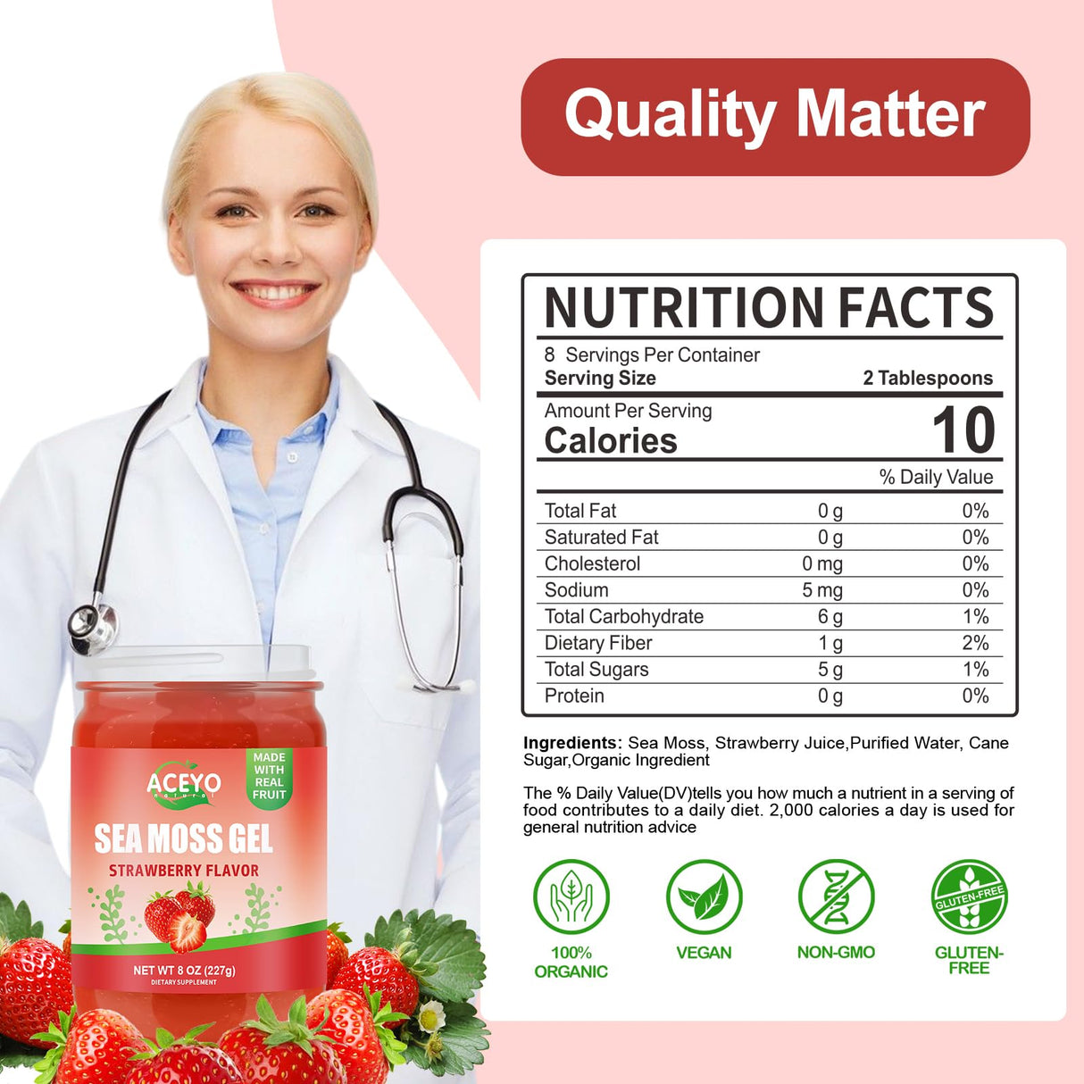 (8 OZ) Natural Sea Moss Gel Raw Strawberry Flavor Irish Seamoss Gel Vegan Women Men 102 Vitamins and Minerals Wild Harvested Non-GMO Immune Defense Booster Lung Thyroid Digestive Support