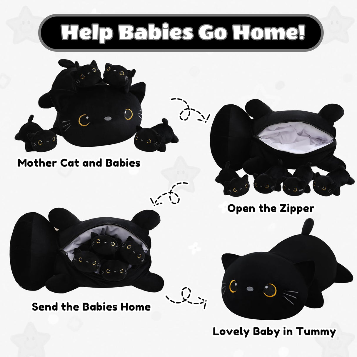 SQEQE Black Cat Mommy Stuffed Animal with 4 Babies Cat in her Tummy, Cute Black Cat Plush Toys for Kids, Gifts Ideal for Christmas, Valentine's, Birthday