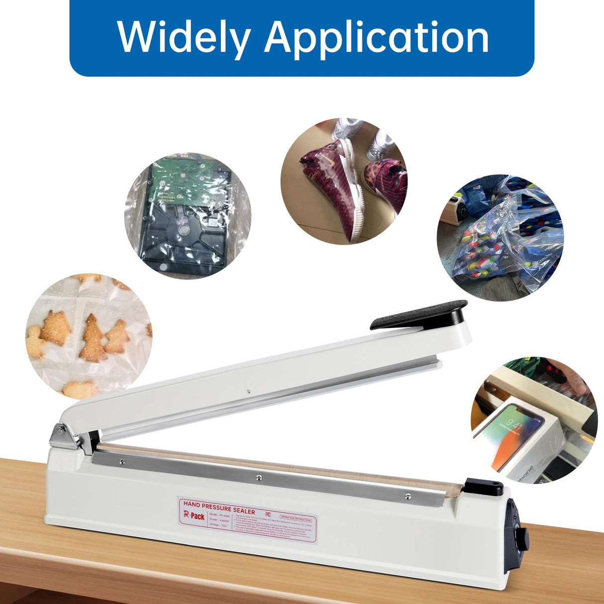 R-PACK Impulse Heat Sealer with Seal bar, Heavy-Duty Bag Sealing & Cutting Machine, 2 Extra Replacements (white, 12inch)
