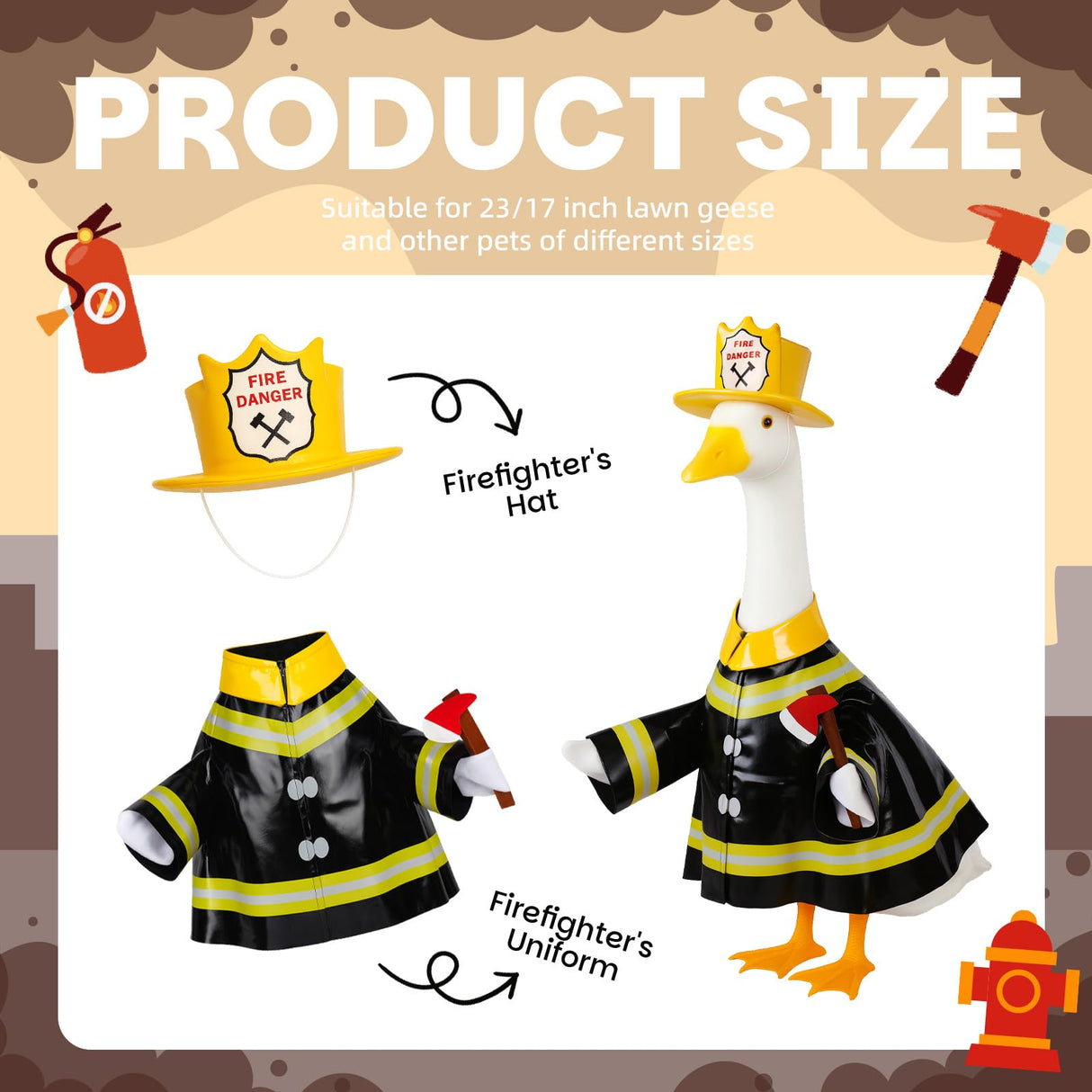 Vzuito Halloween Porch Goose Outfits, Firefighter Goose Costume Yard Geese Statue Clothes for 23" Statue Patio Lawn Garden Decoration