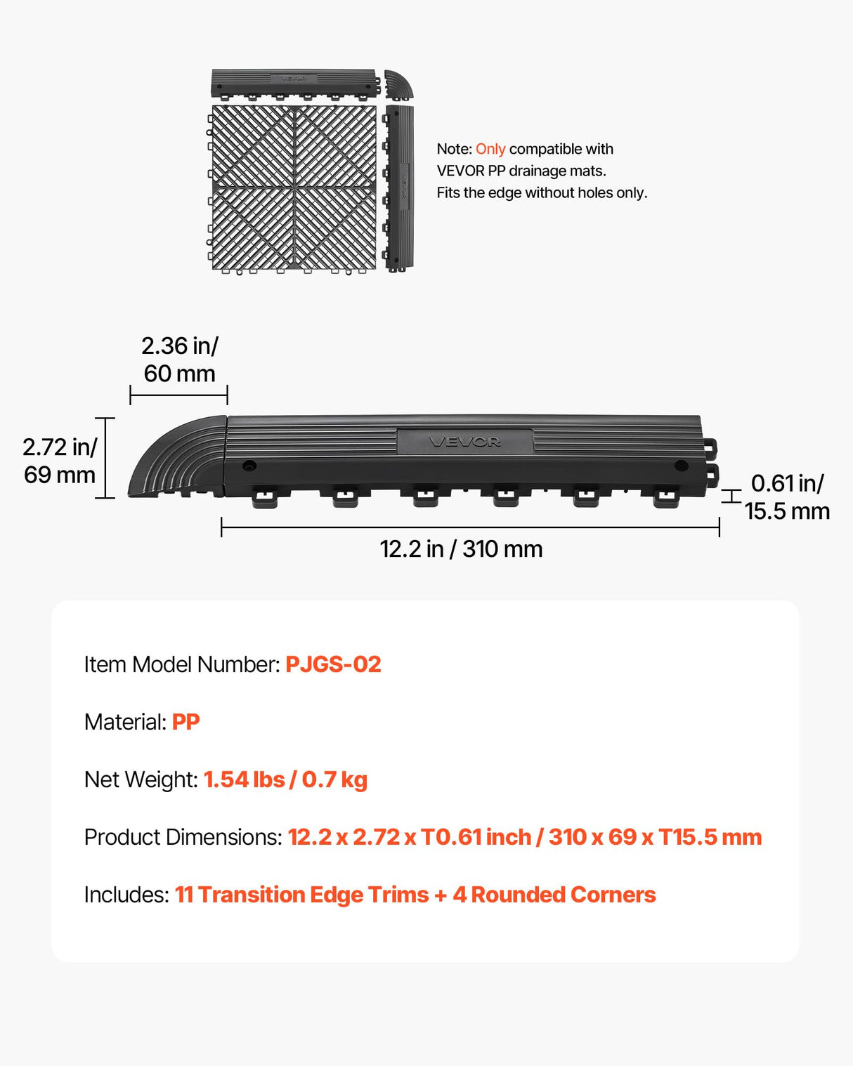VEVOR Transition Edge Kit, 11-Piece, Durable PP Interlocking Modular Garage Floor Edging, Easy Installation, Only Compatible with VEVOR Drainage Mats, Black,Female