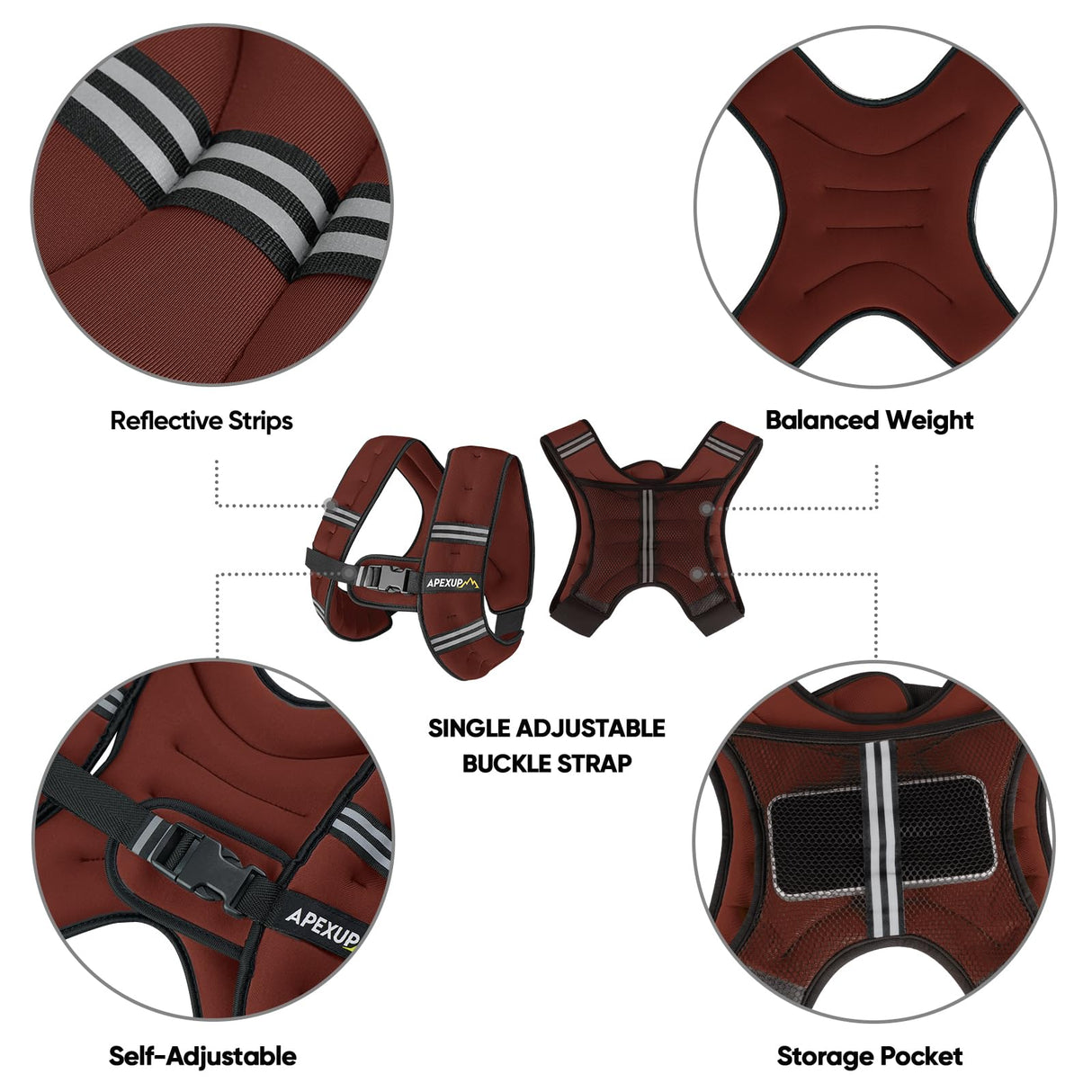 APEXUP Weighted Vest with 5lbs/10lbs/15lbs/20lbs/25lbs/30lbs Weights and Reflective Stripe, Weight Vest Men Women for Workout, Strength Training, Running (Claret, 10lbs)