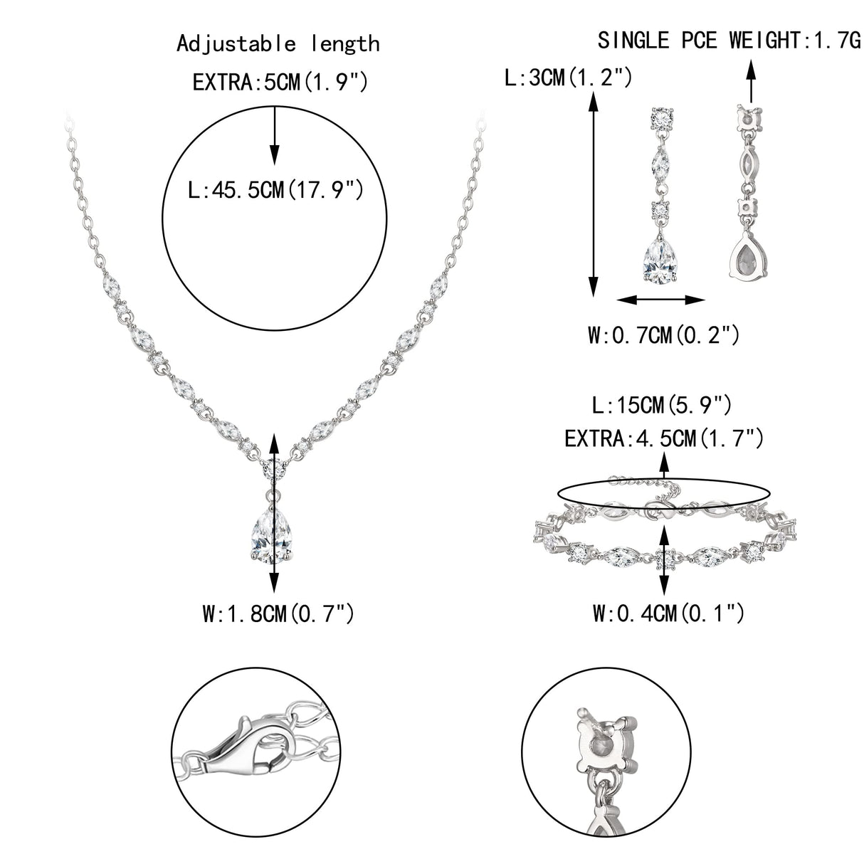 Clear Cubic Zirconia Drop Wedding Jewelry Set for Bride Bridesmaid Silver
