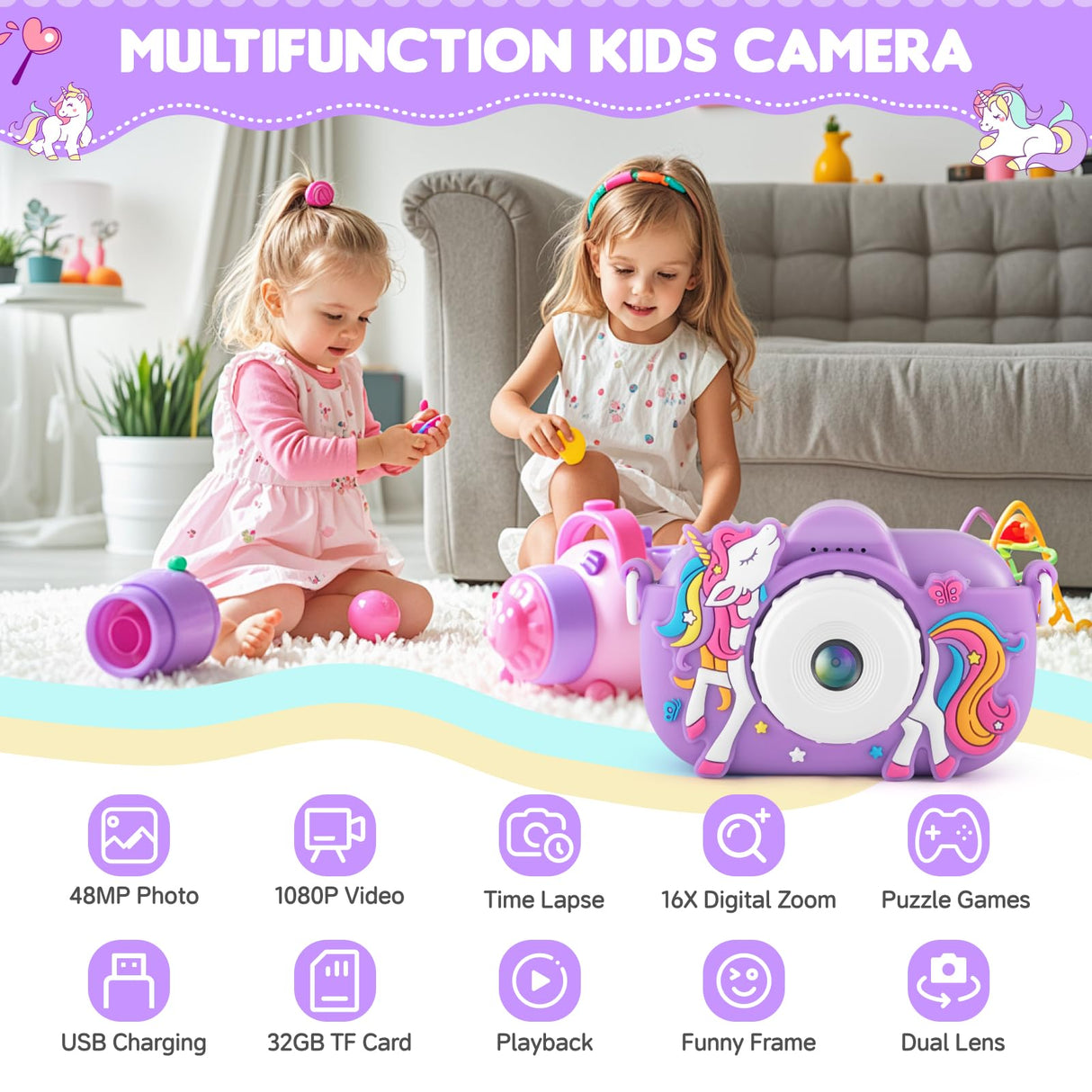 Kids Camera Toddler Toys for 3 4 5 6 7 8 Years Old Girls, 48MP HD Dual Lens Selfie Camera for Kids, 1080P HD Video Kids Digital Camera for Age 3-9 Christmas Birthday Gifts with 32G SD Card