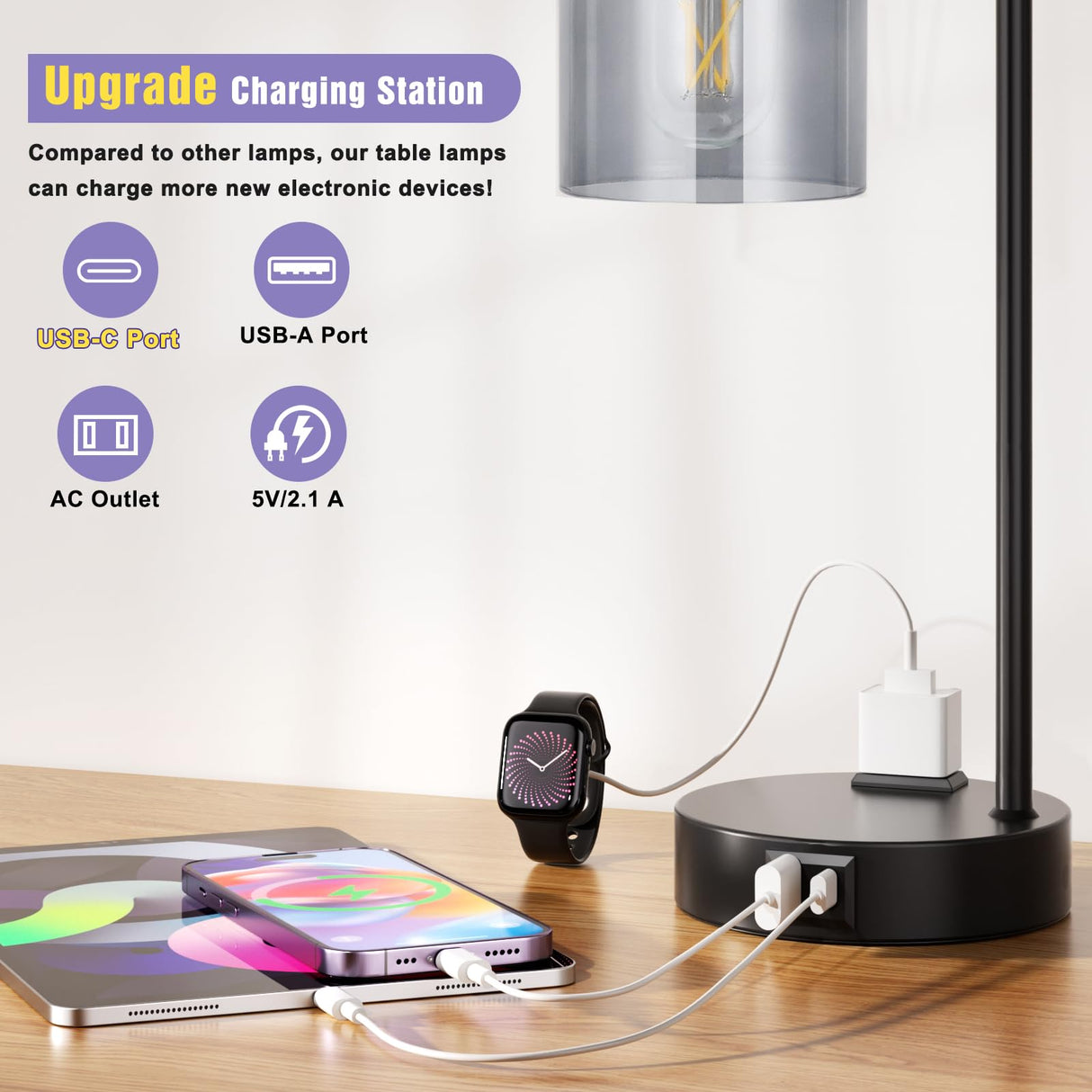 Innqoo Industrial Touch Table Lamps for Bedrooms Set of 2-3-Way Dimmable Lamps with USB C+A Ports and Outlet, Copper Bedside Lamps with Clear Glass Shade for Living Room, Desk Lamps for Home Office