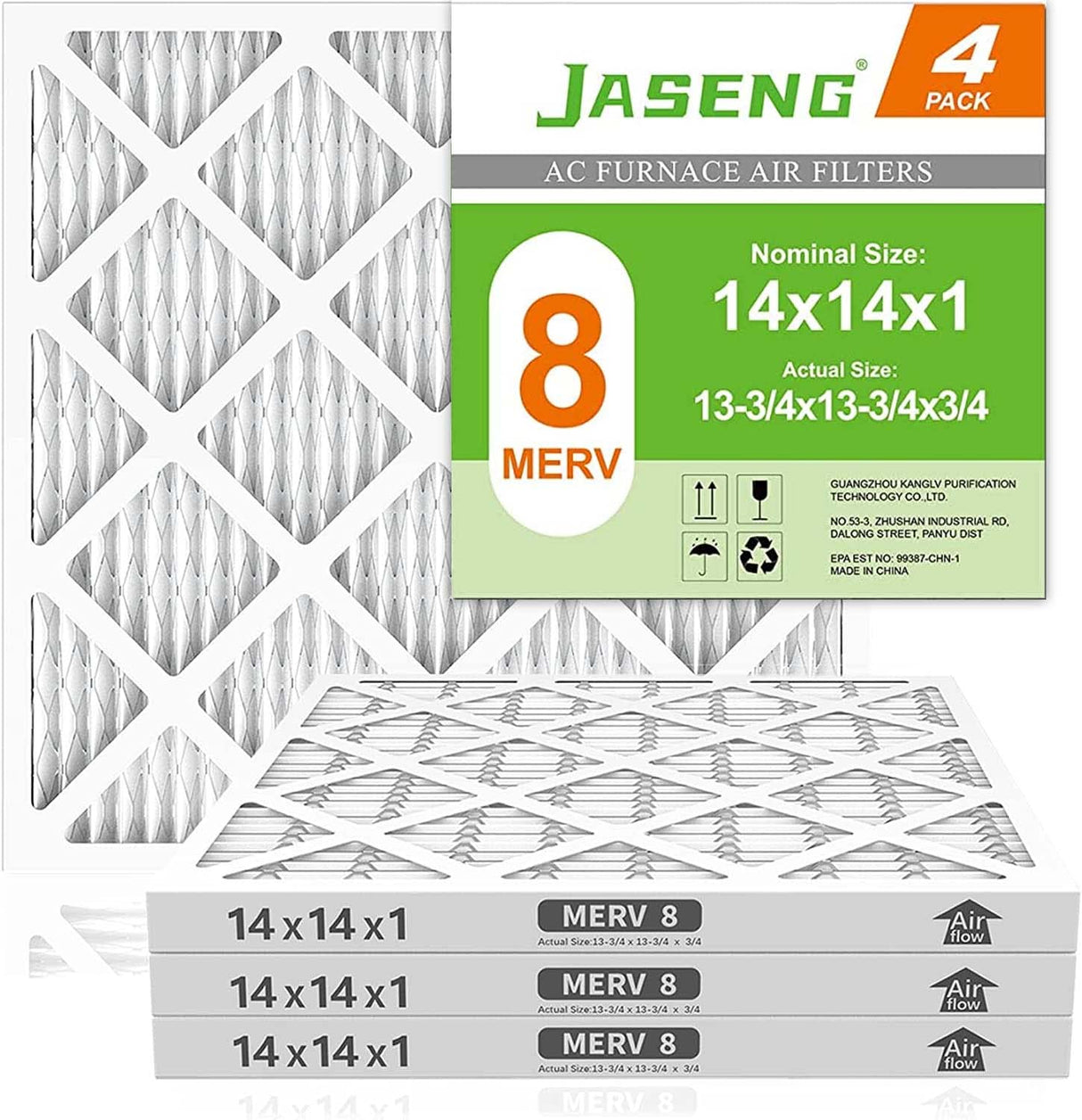 JASENG 14x14x1 Air Filters, MERV 8 Pleated HVAC Furnace Filters (4-Pack) - Dust Defense, MPR 600 - exact dimensions: 13.75"x13.75"x0.75" - Replacement for AC, Heater, and Ventilation Systems