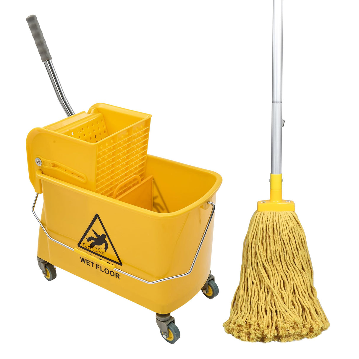 Mop Bucket with Wringer, 22 Qt (5.5 Gallon), Floor Cleaning, Handle, Wheels, 16.5" L x 10.6" W x 26.4" H, Yellow,Plus One Cotton Mop