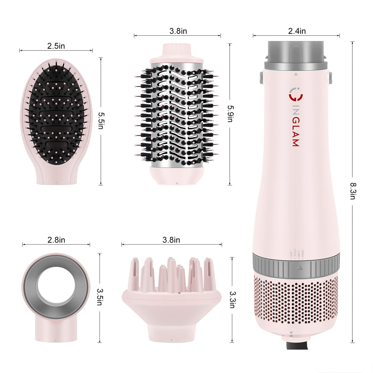 IG INGLAM 4 in 1 Blowout Hair Dryer Brush Set - Negative Ion Detachable Hair Dryer, Volumizer Styler with 2 Brush Heads, Pink